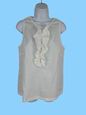 Trina Turk White Sleeveless Ruffle Blouse Partial Zip Cotton Top Women's Size L